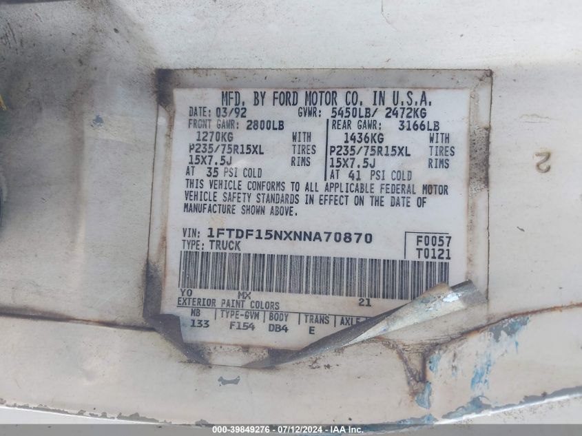 1992 Ford F150 VIN: 1FTDF15NXNNA70870 Lot: 39849276