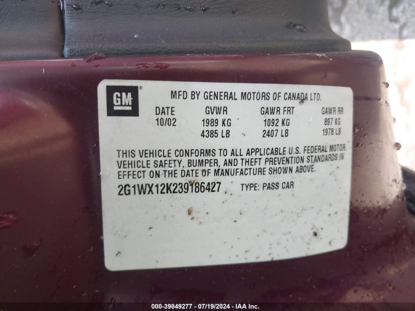 2003 Chevrolet Monte Carlo Ss VIN: 2G1WX12K239186427 Lot: 39849277