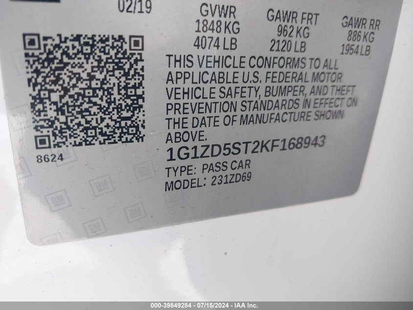 2019 Chevrolet Malibu Lt VIN: 1G1ZD5ST2KF168943 Lot: 39849284