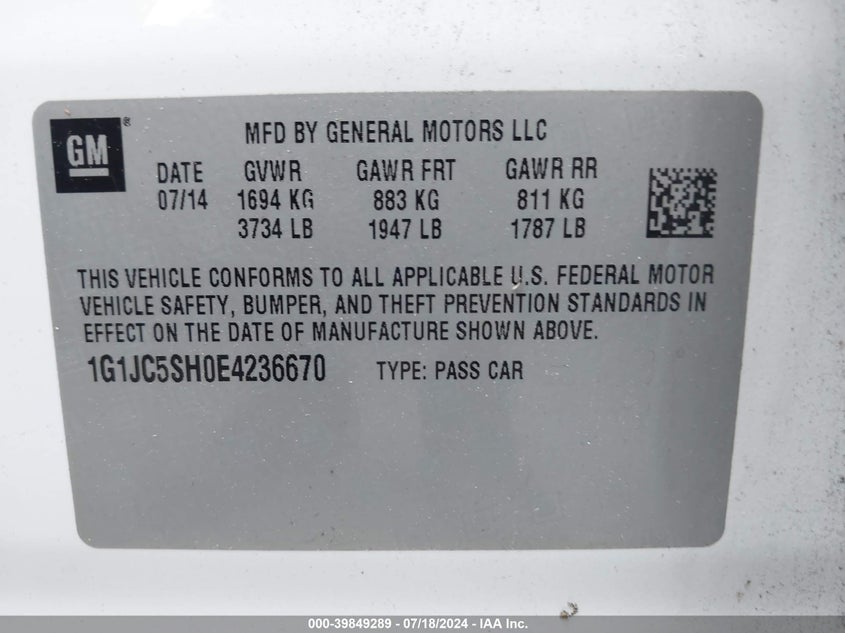 2014 Chevrolet Sonic Lt Auto VIN: 1G1JC5SH0E4236670 Lot: 39849289