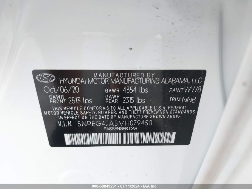 2021 Hyundai Sonata Se VIN: 5NPEG4JA5MH079450 Lot: 39849291