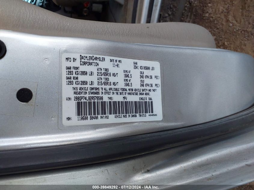 2002 Dodge Grand Caravan Ex VIN: 2B8GP74L82R579508 Lot: 39849292