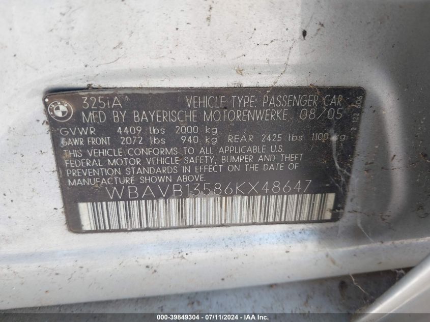 2006 BMW 325I VIN: WBAVB13586KX48647 Lot: 39849304