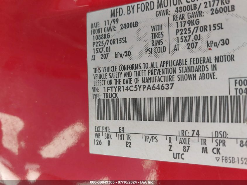 2000 Ford Ranger Xl/Xlt VIN: 1FTYR14C5YPA64637 Lot: 39849305