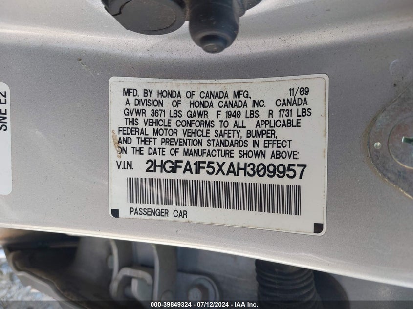 2010 Honda Civic Lx VIN: 2HGFA1F5XAH309957 Lot: 39849324