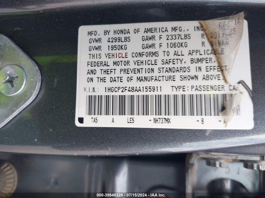 2010 Honda Accord 2.4 Lx-P VIN: 1HGCP2F48AA155911 Lot: 39849328
