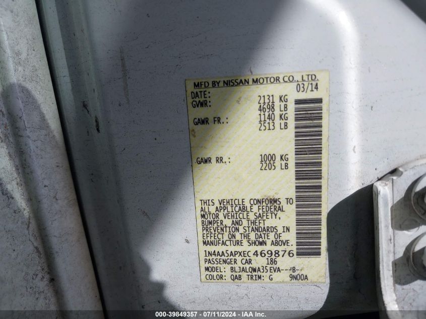 2014 Nissan Maxima 3.5 S/3.5 Sv VIN: 1N4AA5APXEC469876 Lot: 39849357