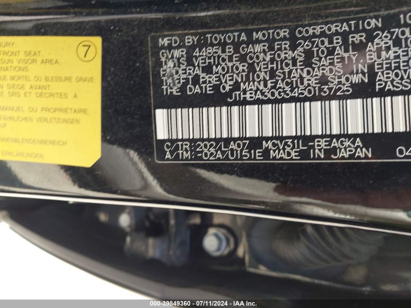 2004 Lexus Es 330 VIN: JTHBA30G345013725 Lot: 39849360