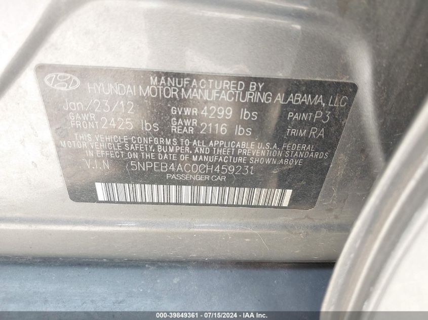 2012 Hyundai Sonata Gls VIN: 5NPEB4AC0CH459231 Lot: 39849361