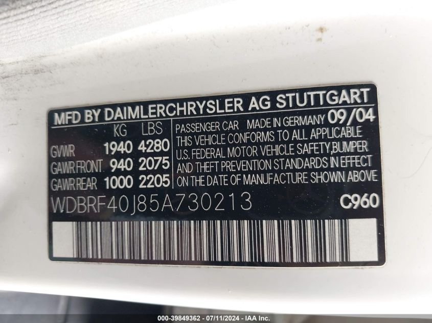 2005 Mercedes-Benz C 230 Kompressor Sport VIN: WDBRF40J85A730213 Lot: 39849362