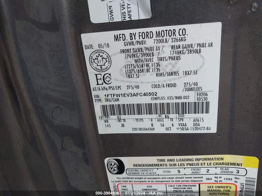 2010 Ford F-150 Fx4/Harley-Davidson/King Ranch/Lariat/Platinum/Xl/Xlt VIN: 1FTFW1EV3AFC40502 Lot: 39849367
