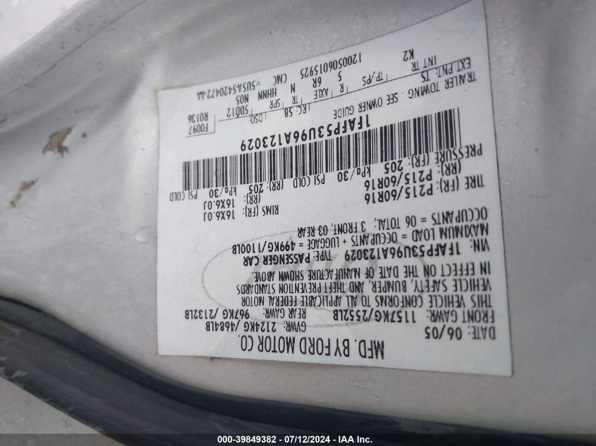 2006 Ford Taurus Se VIN: 1FAFP53U96A123029 Lot: 39849382