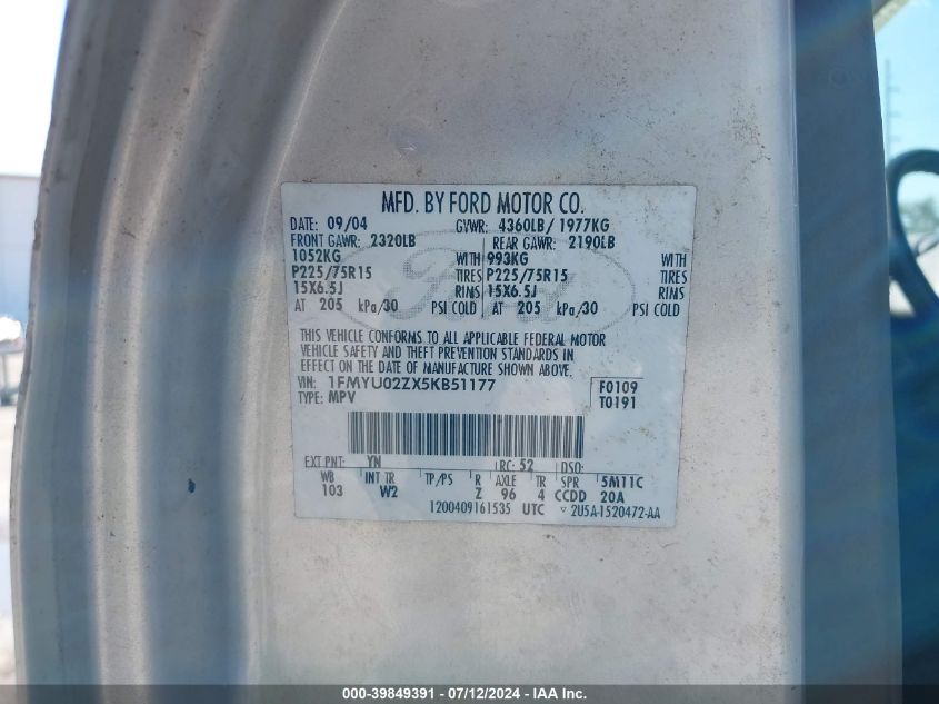2005 Ford Escape Xls VIN: 1FMYU02ZX5KB51177 Lot: 39849391