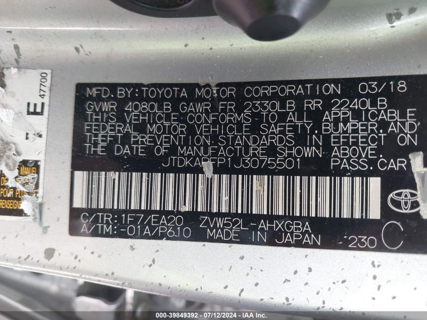 2018 Toyota Prius Prime Premium VIN: JTDKARFP1J3075501 Lot: 39849392