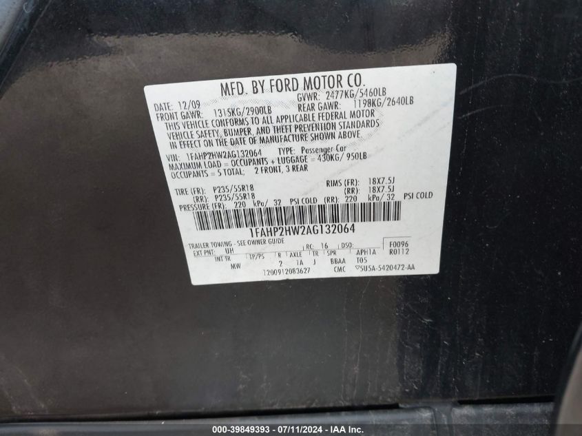 2010 Ford Taurus Sel VIN: 1FAHP2HW2AG132064 Lot: 39849393