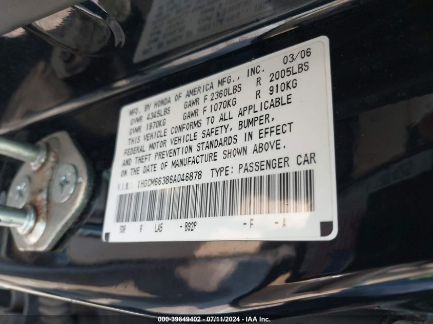 2006 Honda Accord 3.0 Lx VIN: 1HGCM66386A046878 Lot: 39849402