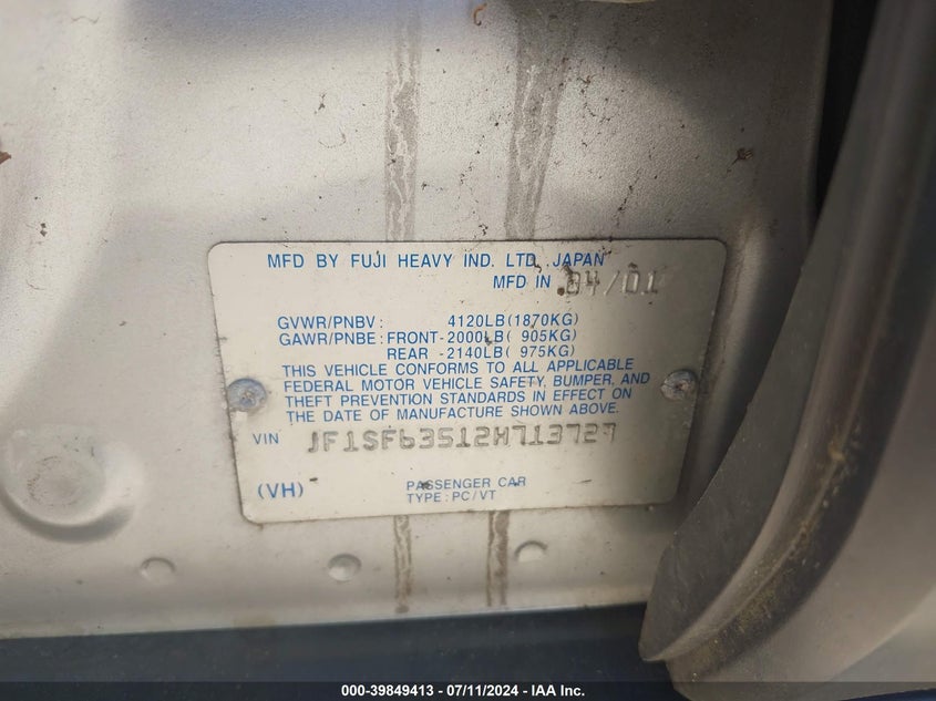 2002 Subaru Forester L VIN: JF1SF63512H713727 Lot: 39849413