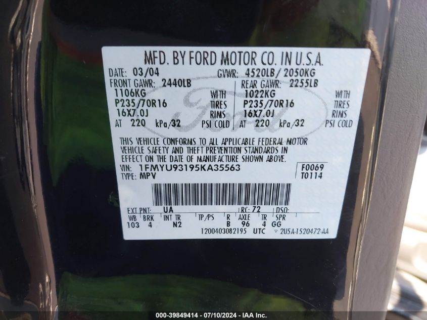 2005 Ford Escape Xlt VIN: 1FMYU93195KA35563 Lot: 39849414