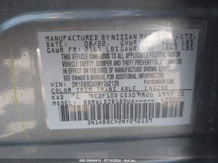 2022 Nissan Sentra Sv Xtronic Cvt VIN: 3N1AB8CV2NY292139 Lot: 39849415