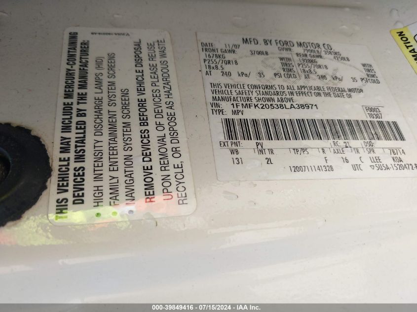2008 Ford Expedition El Limited VIN: 1FMFK20538LA38971 Lot: 39849416