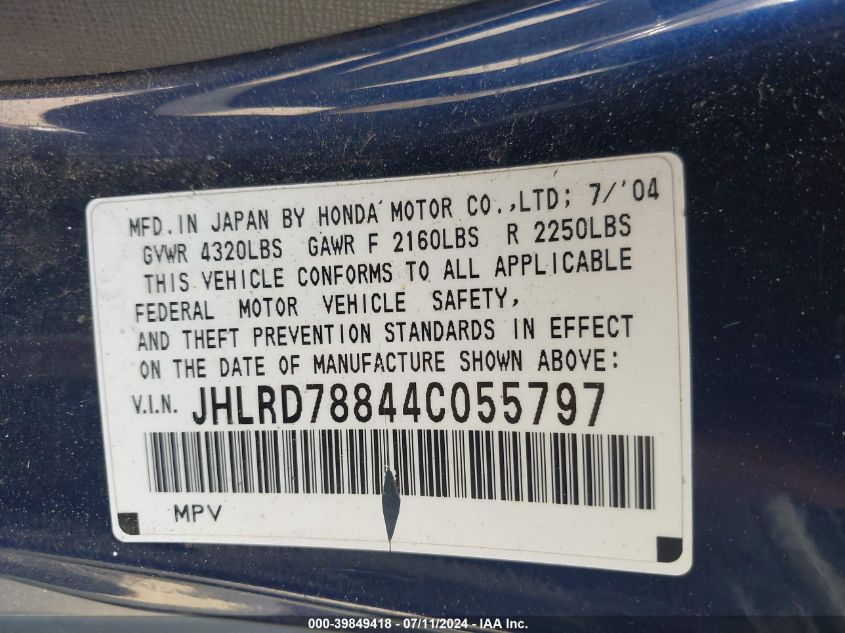 2004 Honda Cr-V Ex VIN: JHLRD78844C055797 Lot: 39849418