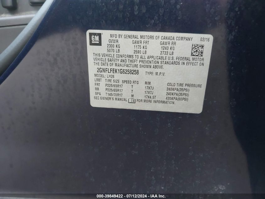 2GNFLFEK1G6258258 2016 Chevrolet Equinox Lt