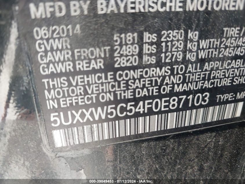 5UXXW5C54F0E87103 2015 BMW X4 xDrive35I