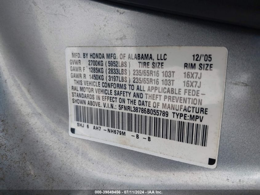 2006 Honda Odyssey Ex-L VIN: 5FNRL38786B055789 Lot: 39849456