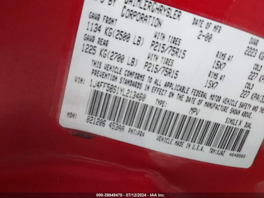 2000 Jeep Cherokee Classic VIN: 1J4FF58S1YL213460 Lot: 39849478