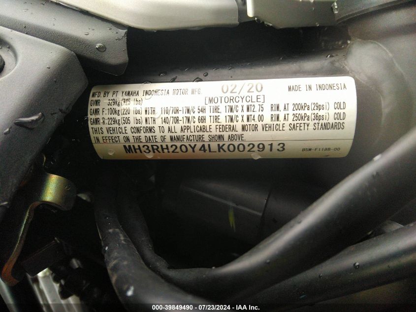 2020 Yamaha Mt-03 VIN: MH3RH20Y4LK002913 Lot: 39849490