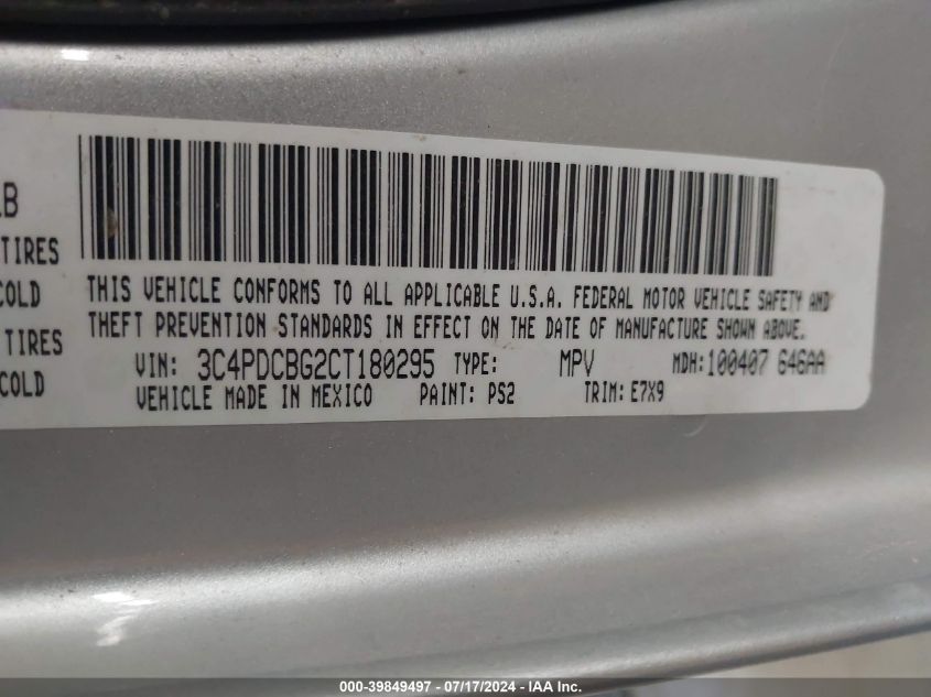 2012 Dodge Journey Sxt VIN: 3C4PDCBG2CT180295 Lot: 39849497