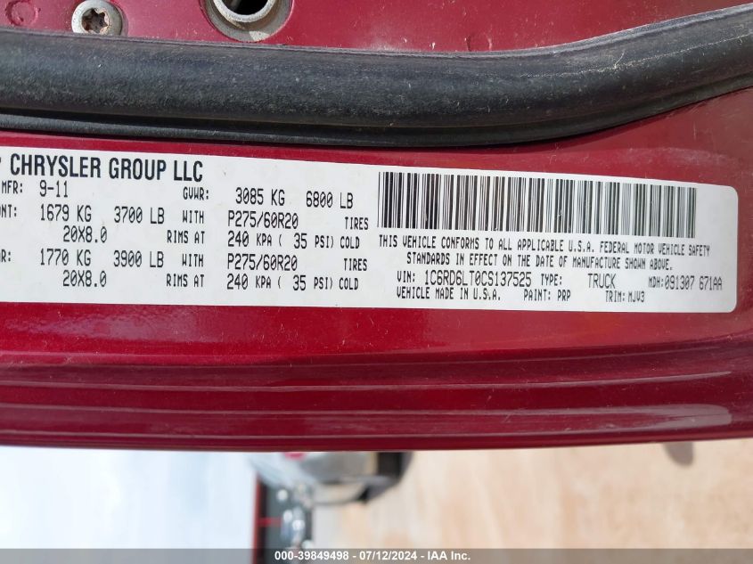 2012 Ram 1500 Slt VIN: 1C6RD6LT0CS137525 Lot: 39849498