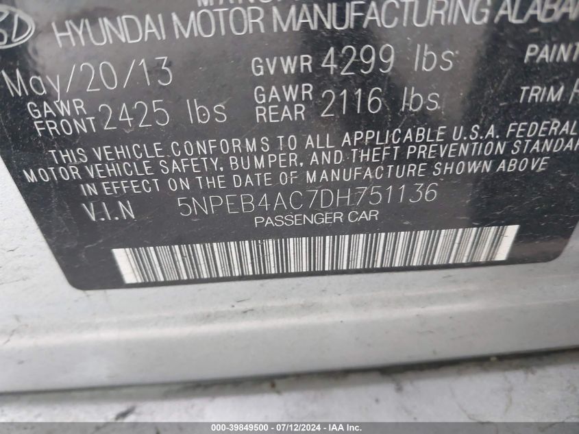 2013 HYUNDAI SONATA GLS - 5NPEB4AC7DH751136