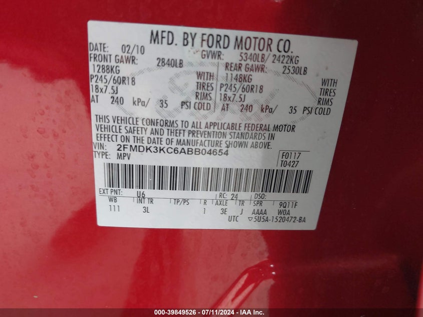 2010 Ford Edge Limited VIN: 2FMDK3KC6ABB04654 Lot: 39849526