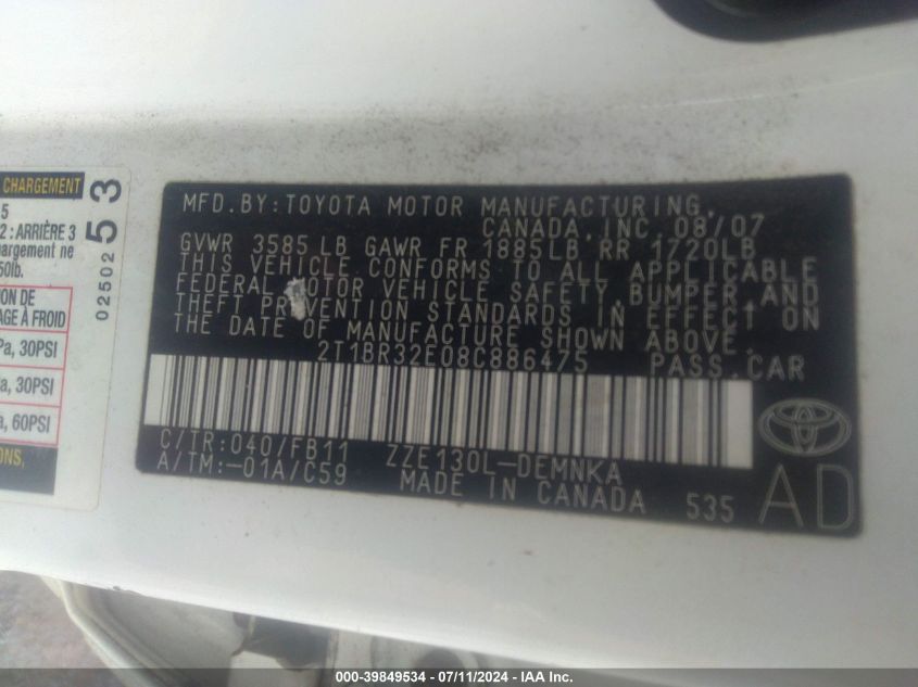 2008 Toyota Corolla Le VIN: 2T1BR32E08C886475 Lot: 39849534