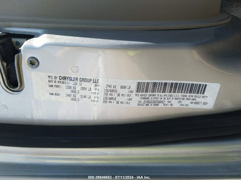 2012 Dodge Grand Caravan Sxt VIN: 2C4RDGCG8CR380521 Lot: 39849552