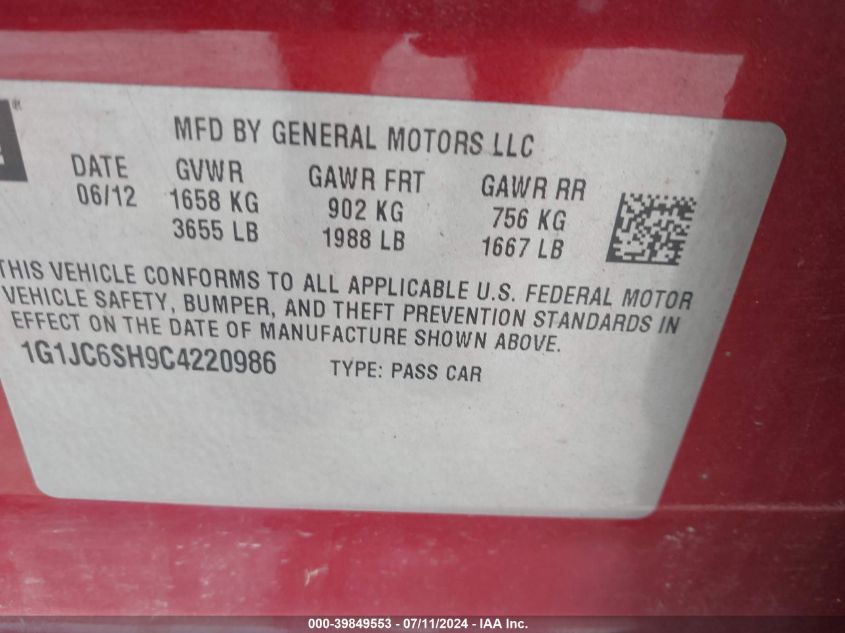 2012 Chevrolet Sonic 2Lt VIN: 1G1JC6SH9C4220986 Lot: 39849553