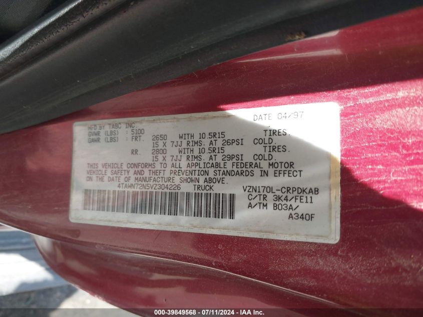 1997 Toyota Tacoma Base V6 VIN: 4TAWN72N5VZ304226 Lot: 39849568