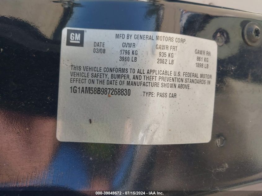 2008 Chevrolet Cobalt Sport VIN: 1G1AM58B987268830 Lot: 39849572