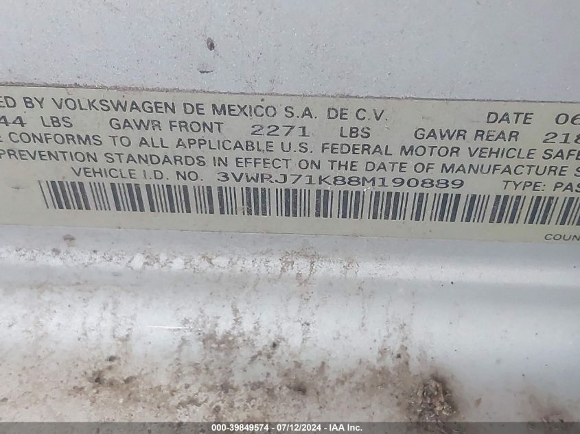 2008 Volkswagen Jetta Wolfsburg Edition VIN: 3VWRJ71K88M190889 Lot: 39849574
