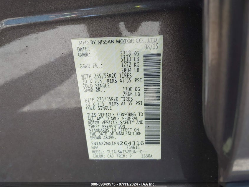 2015 Nissan Murano Platinum VIN: 5N1AZ2MG1FN264316 Lot: 39849575