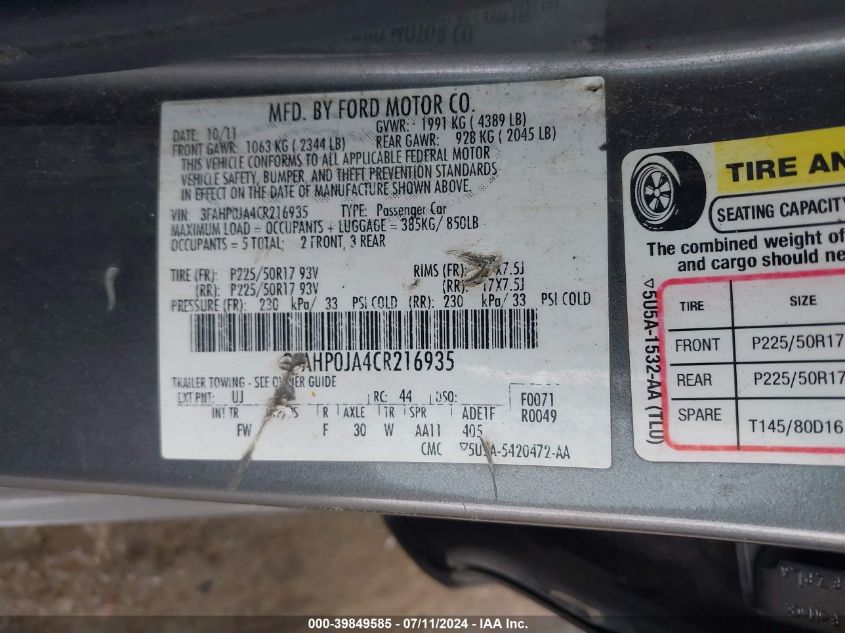 2012 Ford Fusion Sel VIN: 3FAHP0JA4CR216935 Lot: 39849585