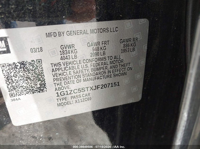 VIN 1G1ZC5STXJF207151 2018 CHEVROLET MALIBU 1FL