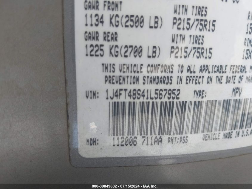 2001 Jeep Cherokee Sport VIN: 1J4FT48S41L567952 Lot: 39849602