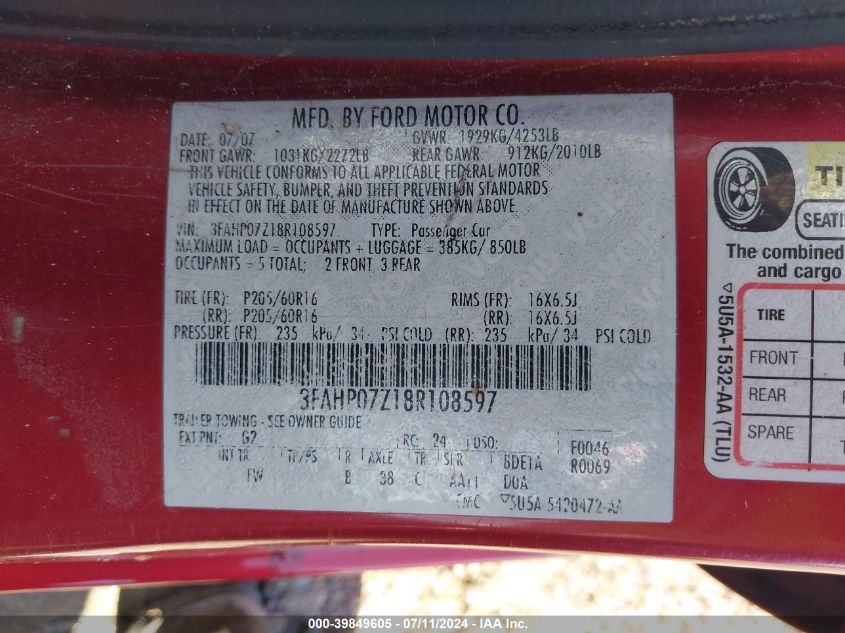 2008 Ford Fusion Se VIN: 3FAHP07Z18R108597 Lot: 39849605