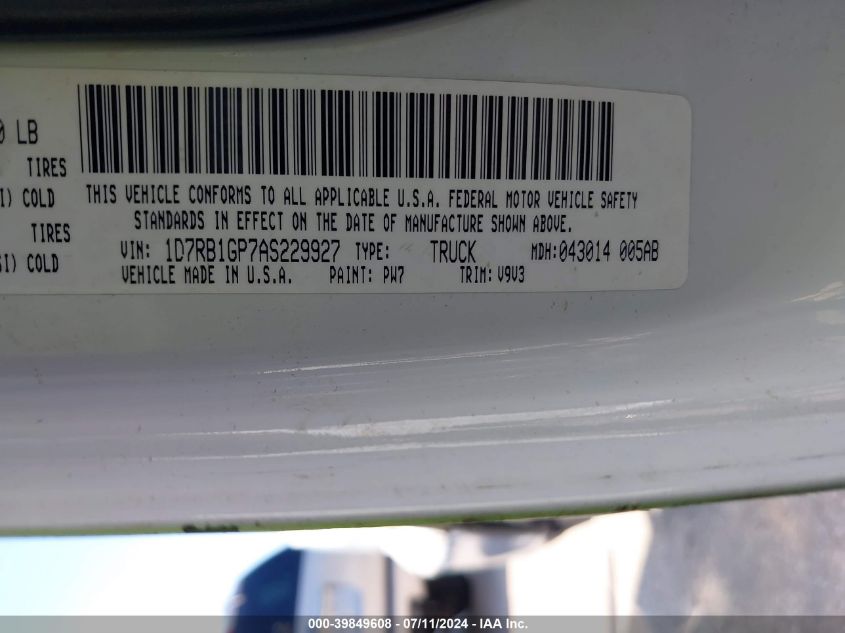 2010 Dodge Ram 1500 St VIN: 1D7RB1GP7AS229927 Lot: 39849608