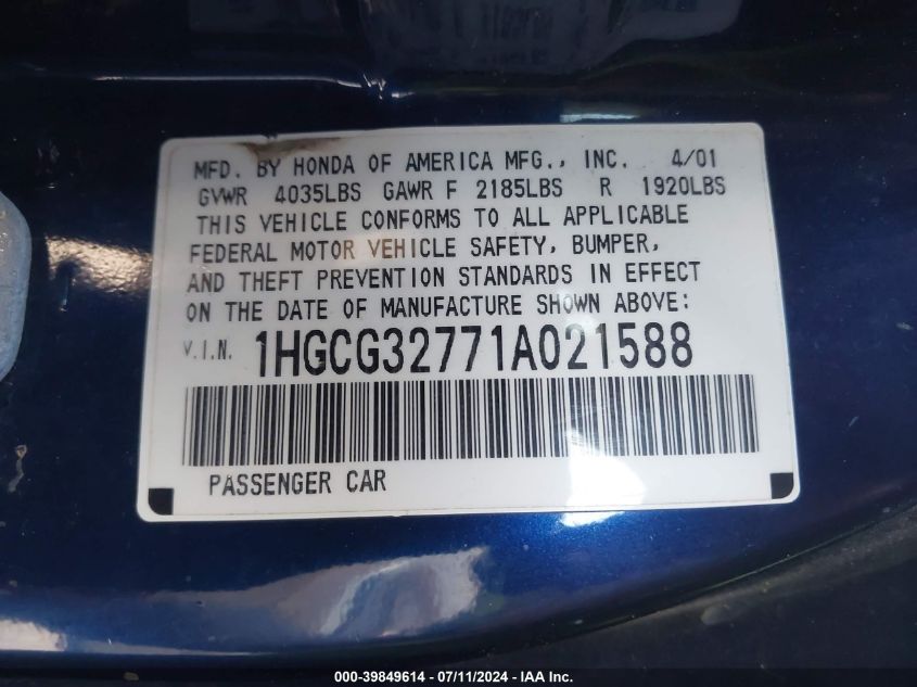 2001 Honda Accord 2.3 Ex VIN: 1HGCG32771A021588 Lot: 39849614