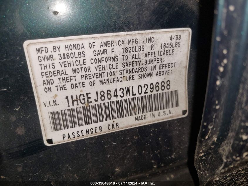 1998 Honda Civic Ex VIN: 1HGEJ8643WL029688 Lot: 39849618