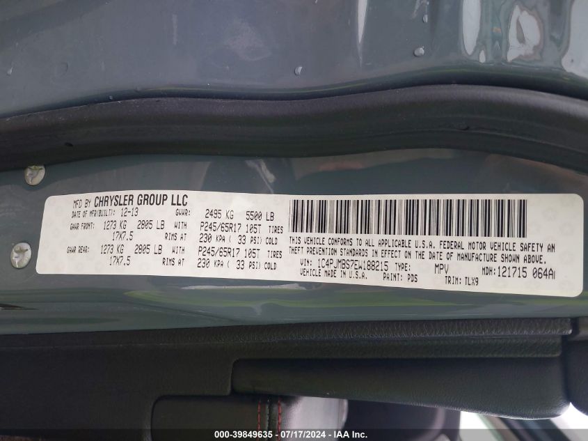 2014 Jeep Cherokee Trailhawk VIN: 1C4PJMBS7EW188215 Lot: 39849635