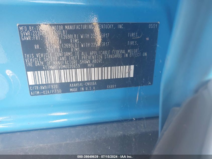 2021 Toyota Rav4 Hybrid Le VIN: 4T3MWRFV0MU020659 Lot: 39849639